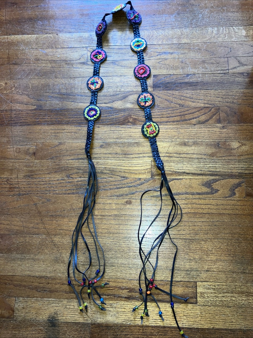 Women's Chicos Leather Belt Boho Festival Beaded Southwest Braided Tassels 44"